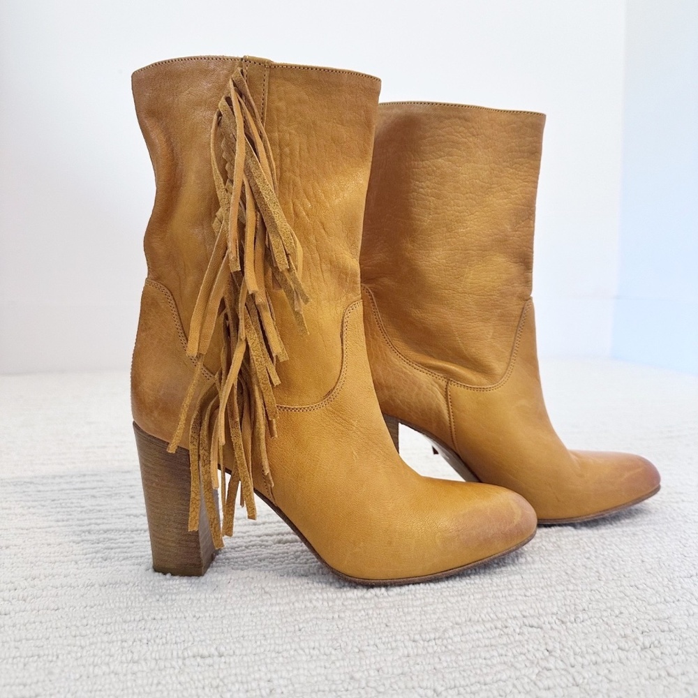 Free People Tan Fringe Leather Heeled Boots